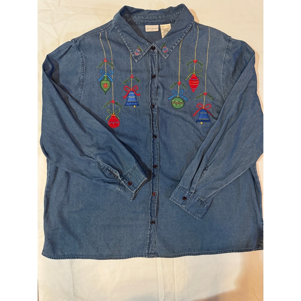 Vintage Y2K White Stag Plus Christmas Ornament Embroidered Denim Shirt 22/24W